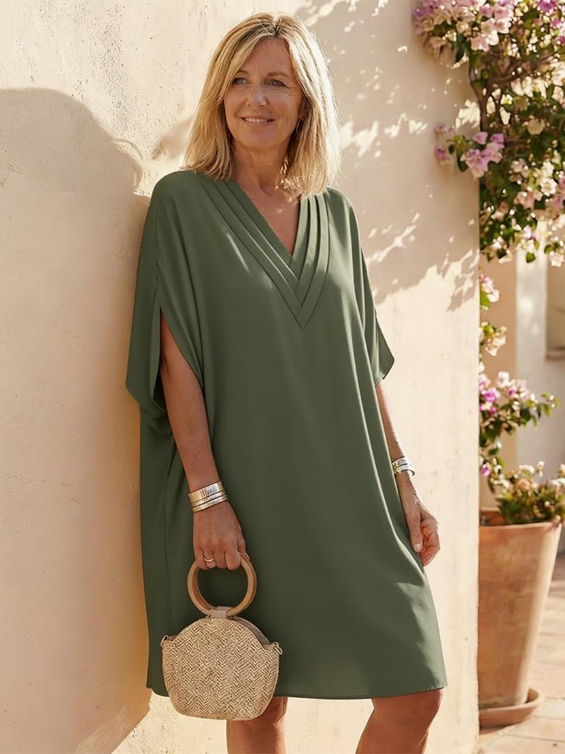 Women's Draped V-Neck Shift Dress With Cap Sleeves-Jivoca
