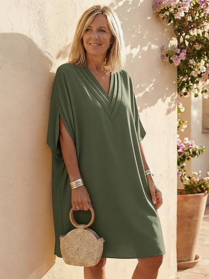Women's Draped V-Neck Shift Dress With Cap Sleeves-Jivoca