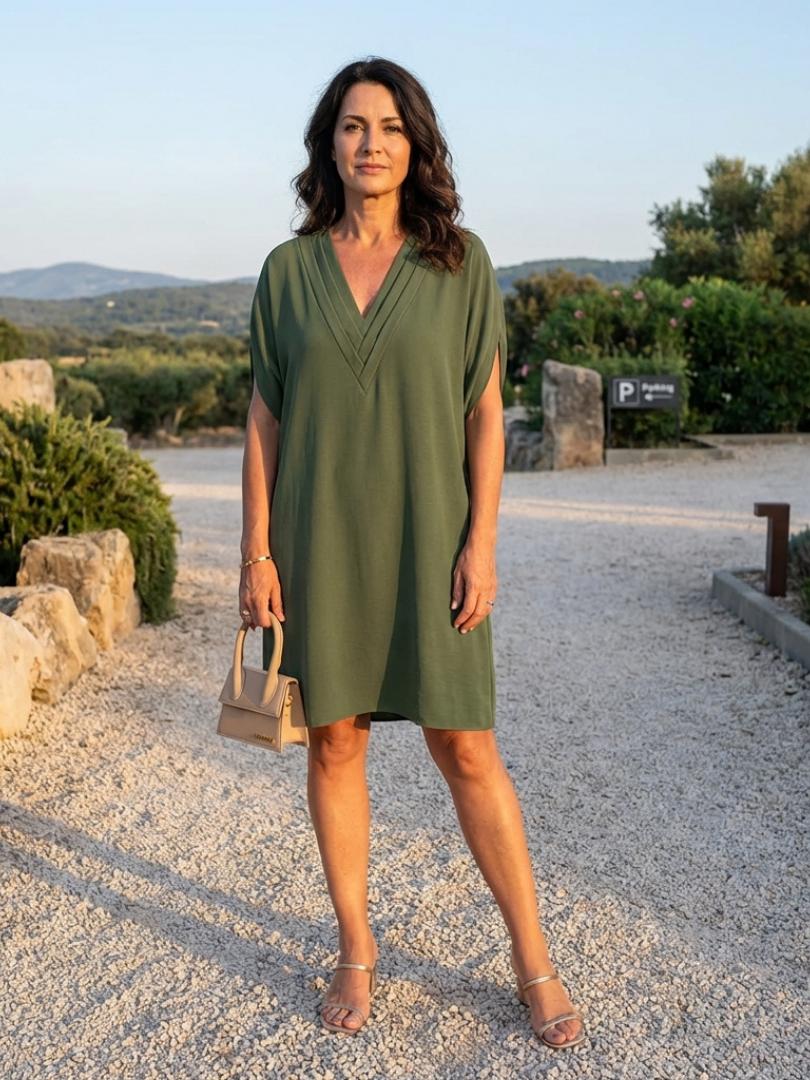 Women's Draped V-Neck Shift Dress With Cap Sleeves-Jivoca