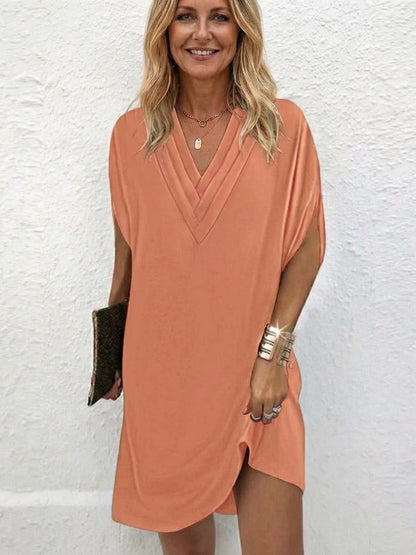 Women's Draped V-Neck Shift Dress With Cap Sleeves-Jivoca