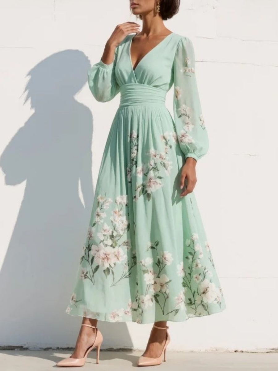 Women's Floral Chiffon Midi Dress With V-Neck-Jivoca