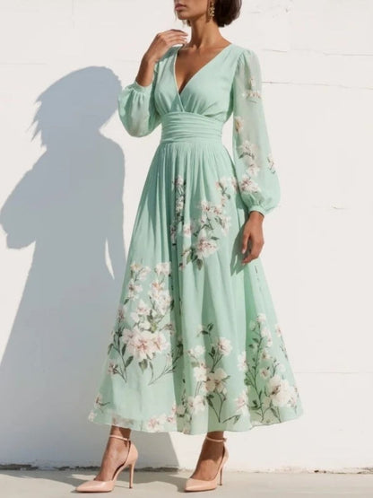 Women's Floral Chiffon Midi Dress With V-Neck-Jivoca