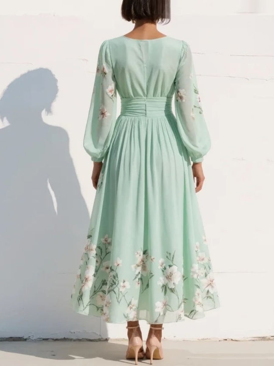 Women's Floral Chiffon Midi Dress With V-Neck-Jivoca