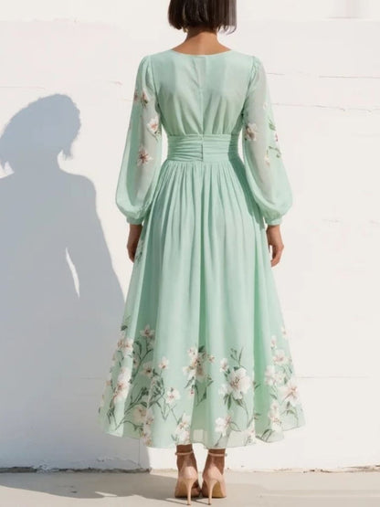 Women's Floral Chiffon Midi Dress With V-Neck-Jivoca