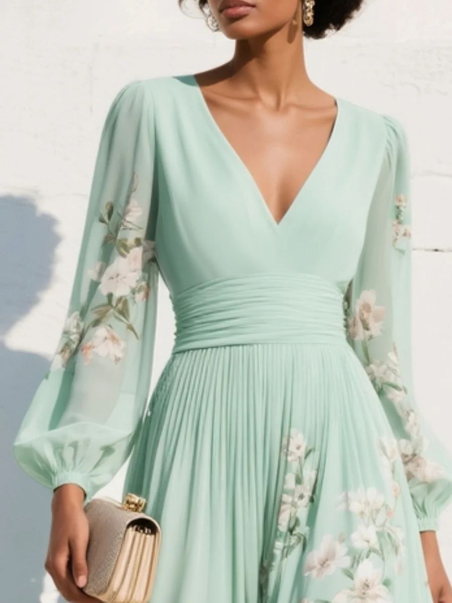 Women's Floral Chiffon Midi Dress With V-Neck-Jivoca