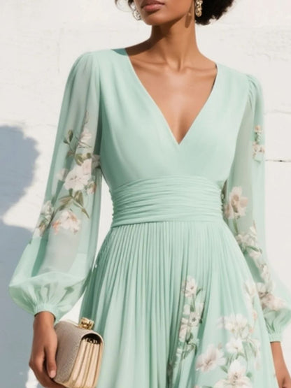 Women's Floral Chiffon Midi Dress With V-Neck-Jivoca