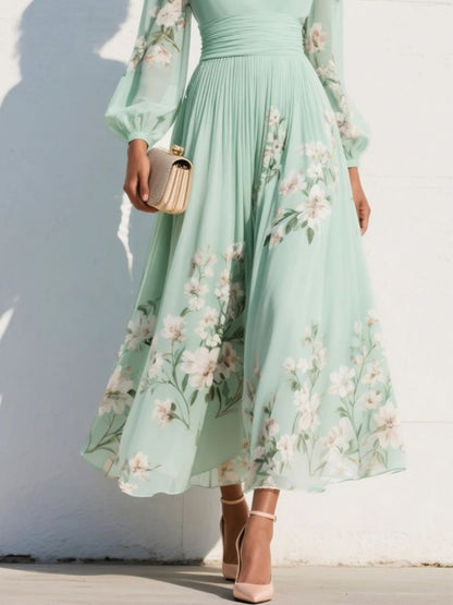 Women's Floral Chiffon Midi Dress With V-Neck-Jivoca