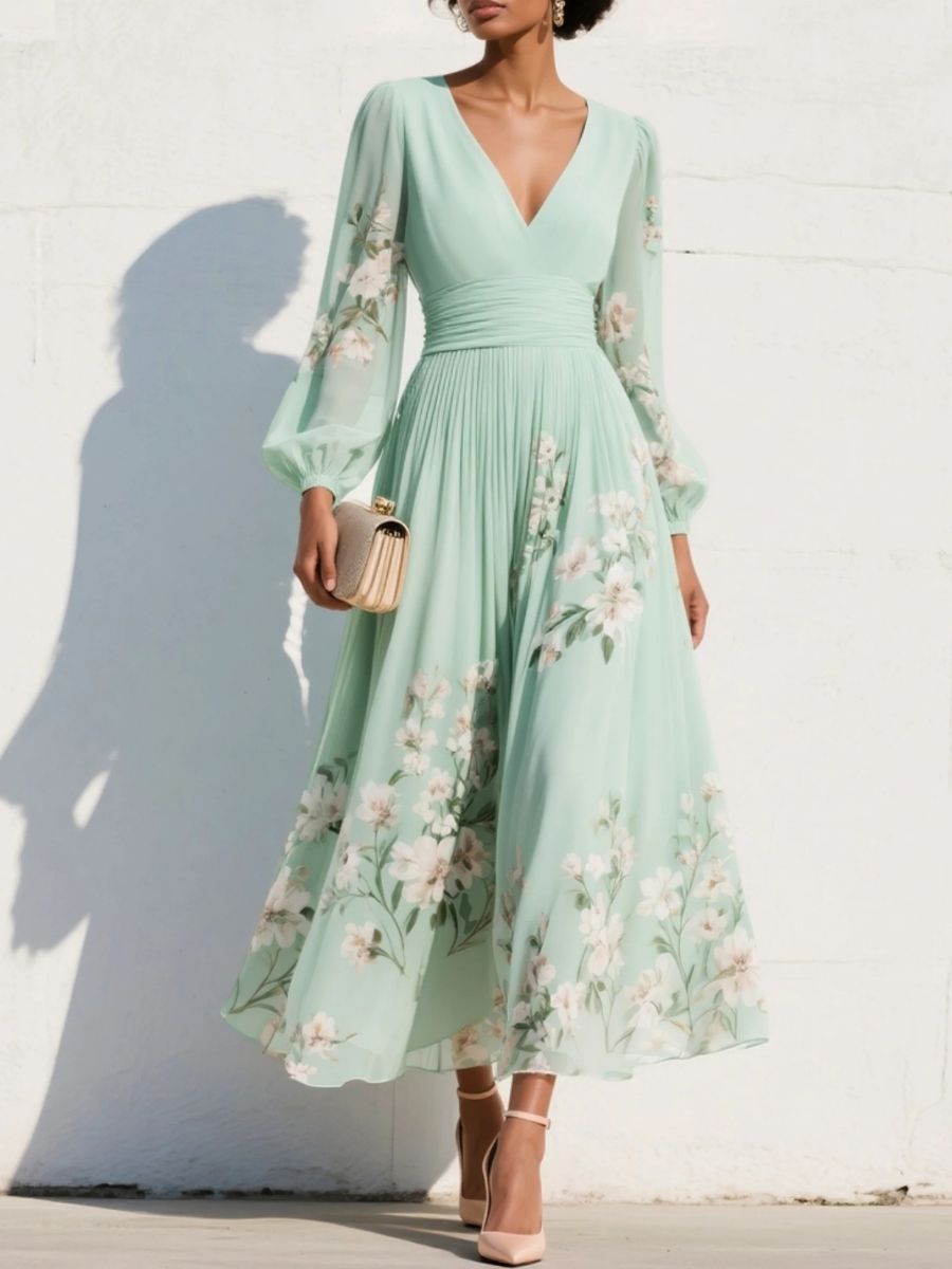 Women's Floral Chiffon Midi Dress With V-Neck-Jivoca