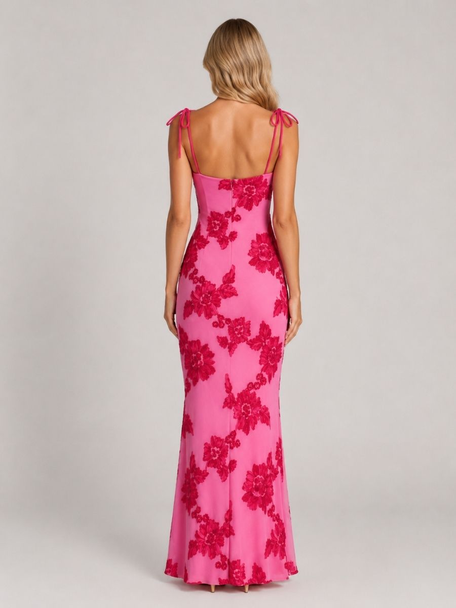 Women's Floral Embroidered Maxi Dress With Tie Straps-Jivoca