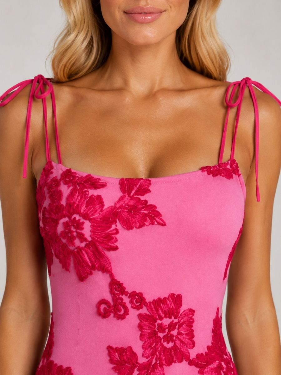 Women's Floral Embroidered Maxi Dress With Tie Straps-Jivoca