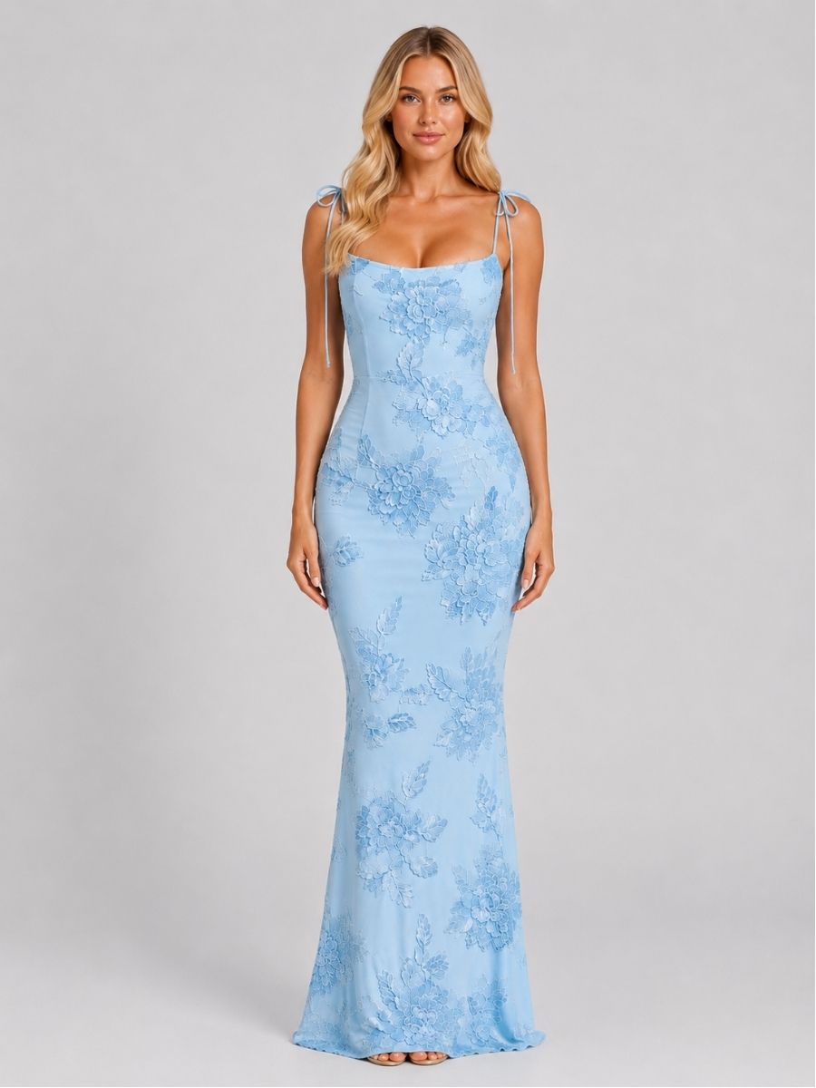 Women's Floral Embroidered Maxi Dress With Tie Straps-Jivoca