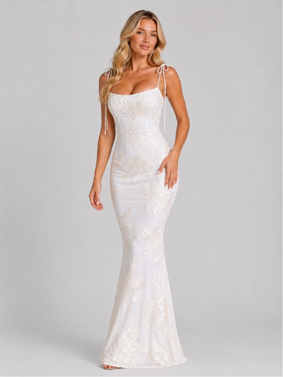 Women's Floral Embroidered Maxi Dress With Tie Straps-Jivoca