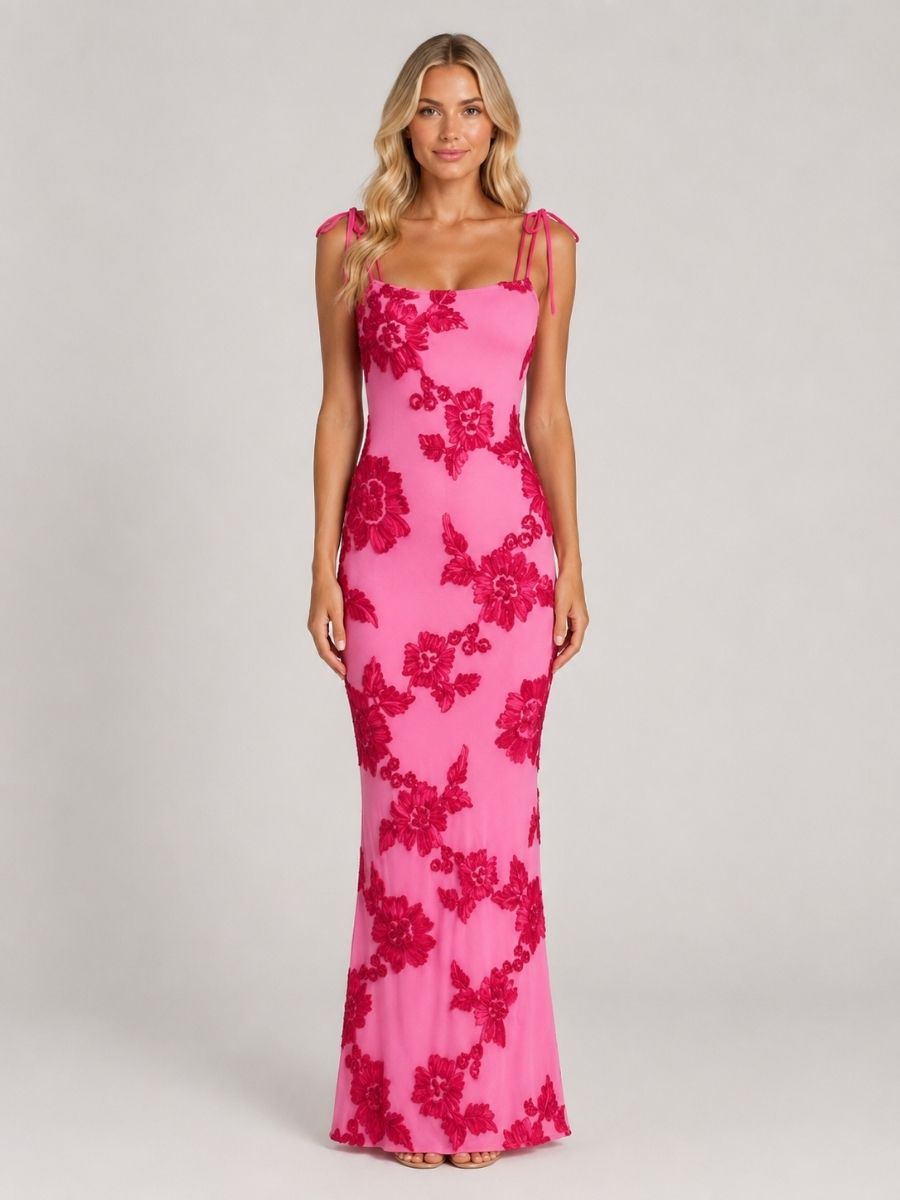 Women's Floral Embroidered Maxi Dress With Tie Straps-Jivoca