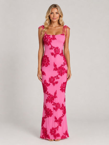 Women's Floral Embroidered Maxi Dress With Tie Straps-Jivoca
