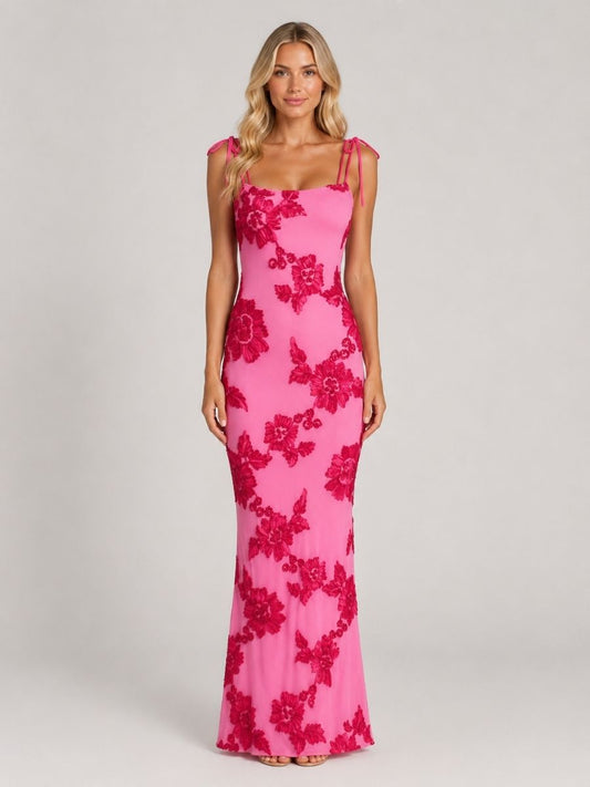 Women's Floral Embroidered Maxi Dress With Tie Straps-Jivoca
