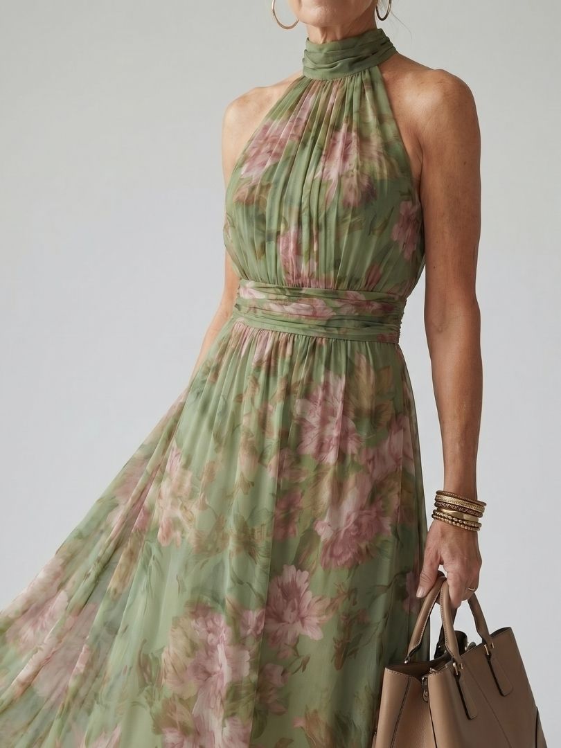 Women's Floral Halter Neck Midi Dress-Jivoca