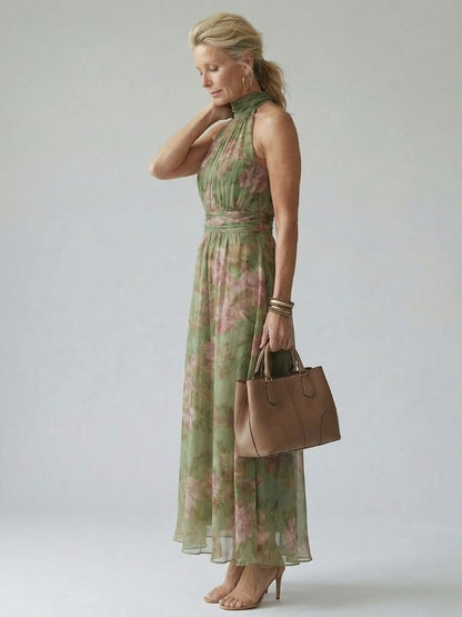 Women's Floral Halter Neck Midi Dress-Jivoca