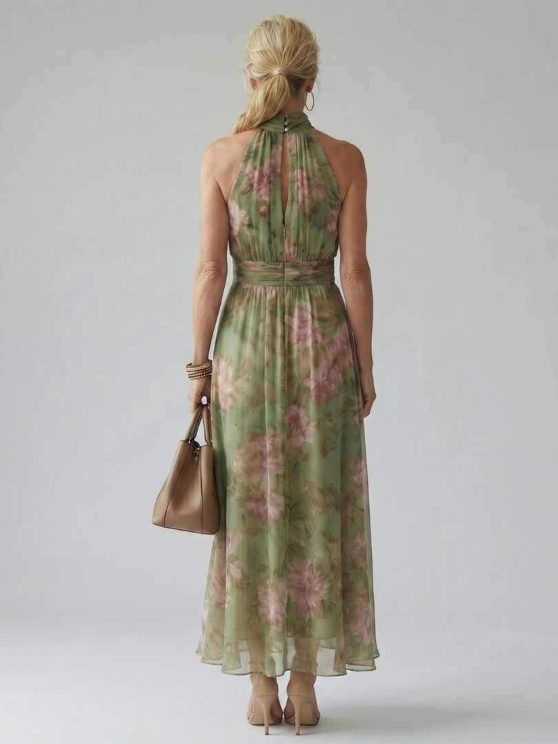 Women's Floral Halter Neck Midi Dress-Jivoca