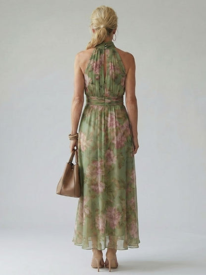 Women's Floral Halter Neck Midi Dress-Jivoca