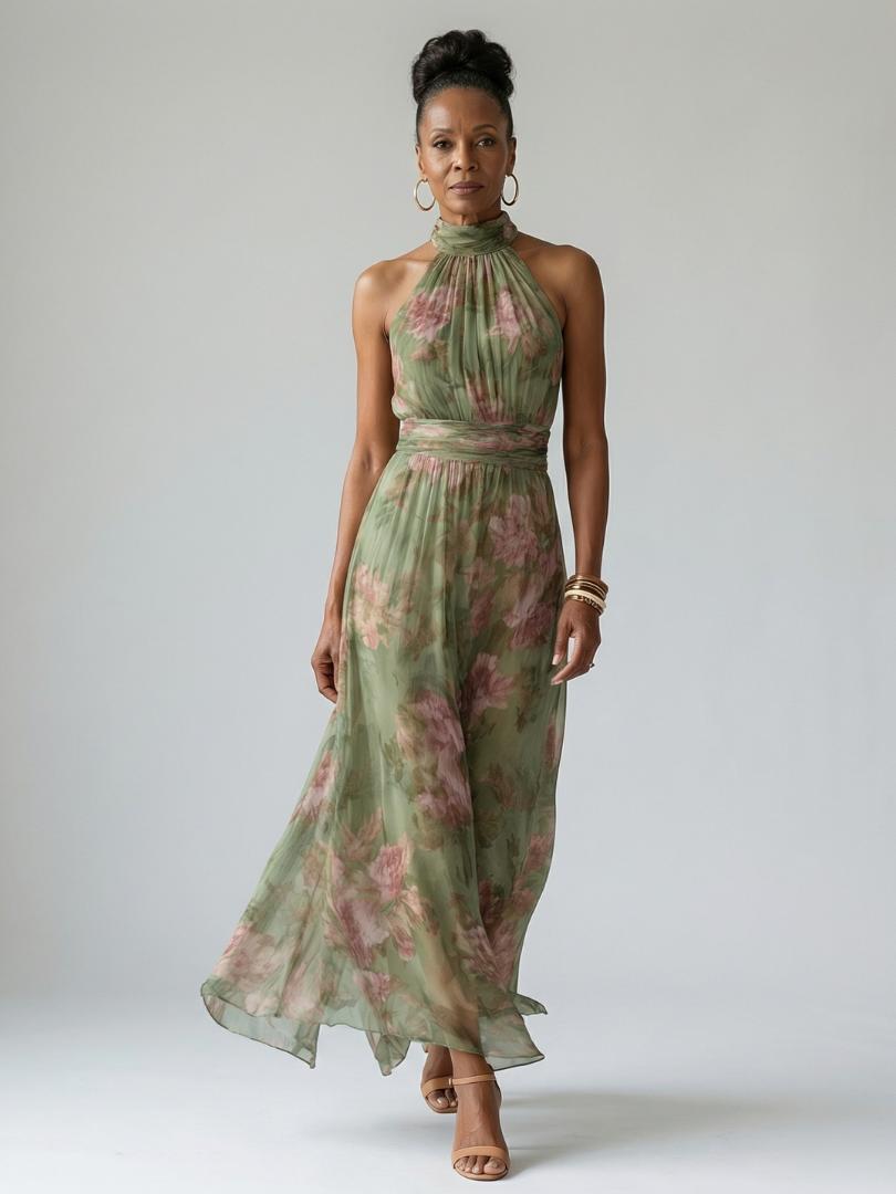 Women's Floral Halter Neck Midi Dress-Jivoca