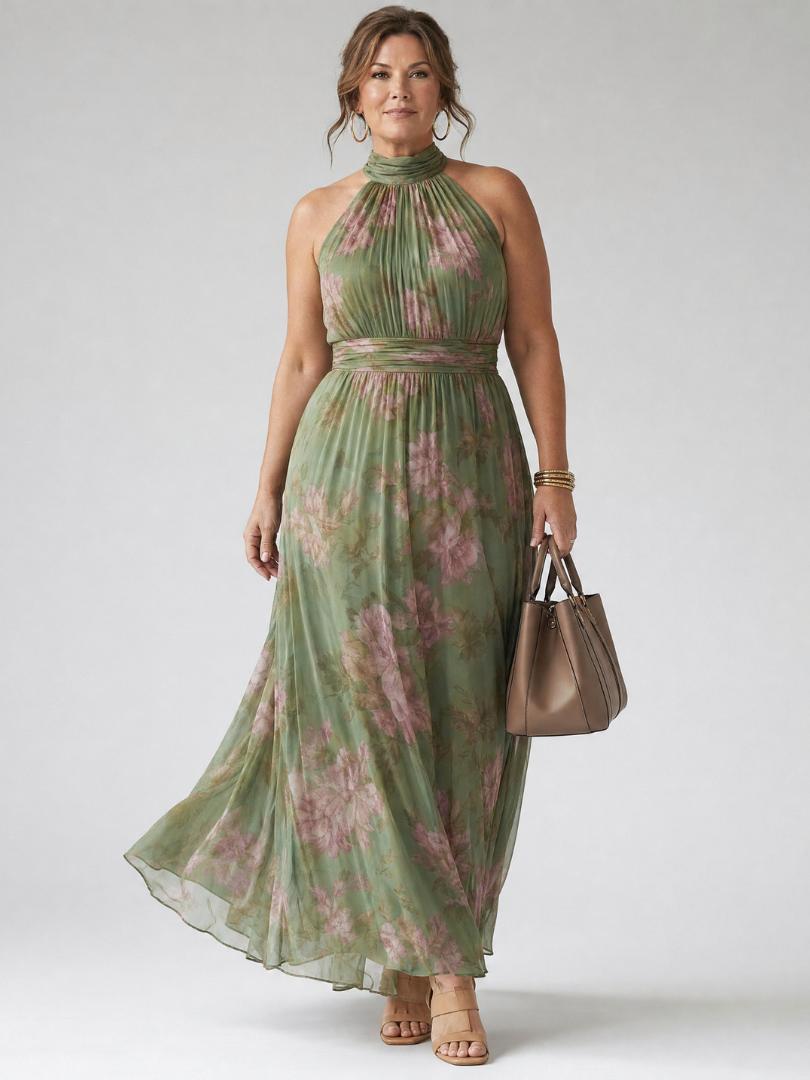 Women's Floral Halter Neck Midi Dress-Jivoca