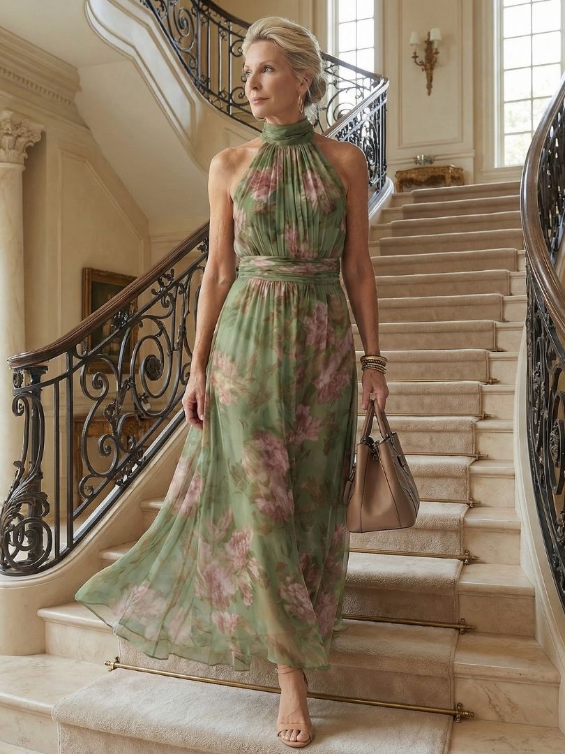 Women's Floral Halter Neck Midi Dress-Jivoca