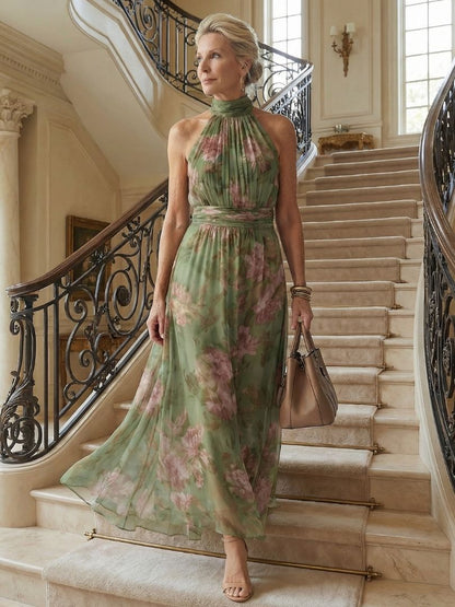 Women's Floral Halter Neck Midi Dress-Jivoca