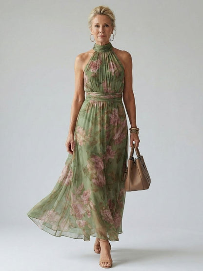 Women's Floral Halter Neck Midi Dress-Jivoca