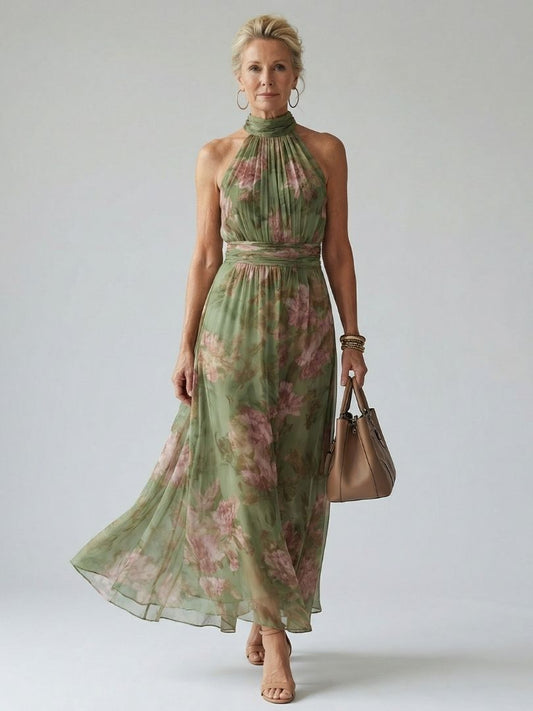 Women's Floral Halter Neck Midi Dress-Jivoca
