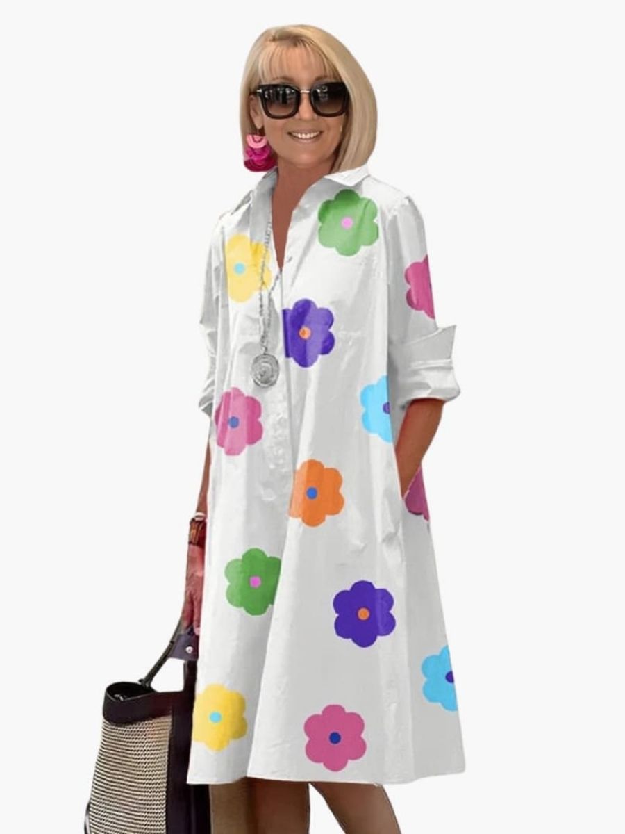 Women's Floral Print Button-Down Midi Dress With Roll-Tab Sleeves-Jivoca
