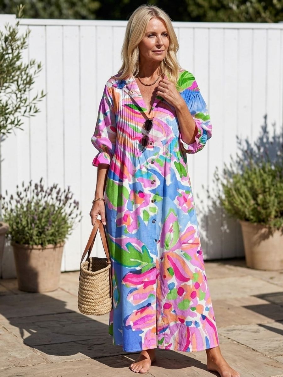 Women's Floral Print Maxi Dress With Pockets-Jivoca