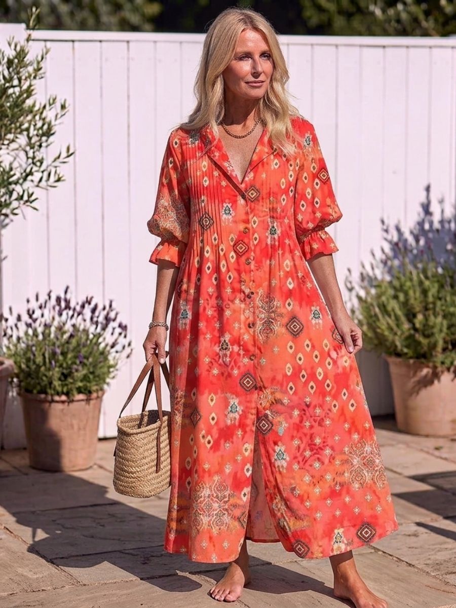 Women's Floral Print Maxi Dress With Pockets-Jivoca
