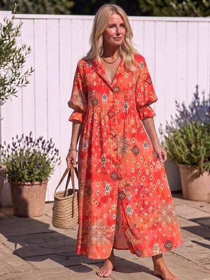 Women's Floral Print Maxi Dress With Pockets-Jivoca