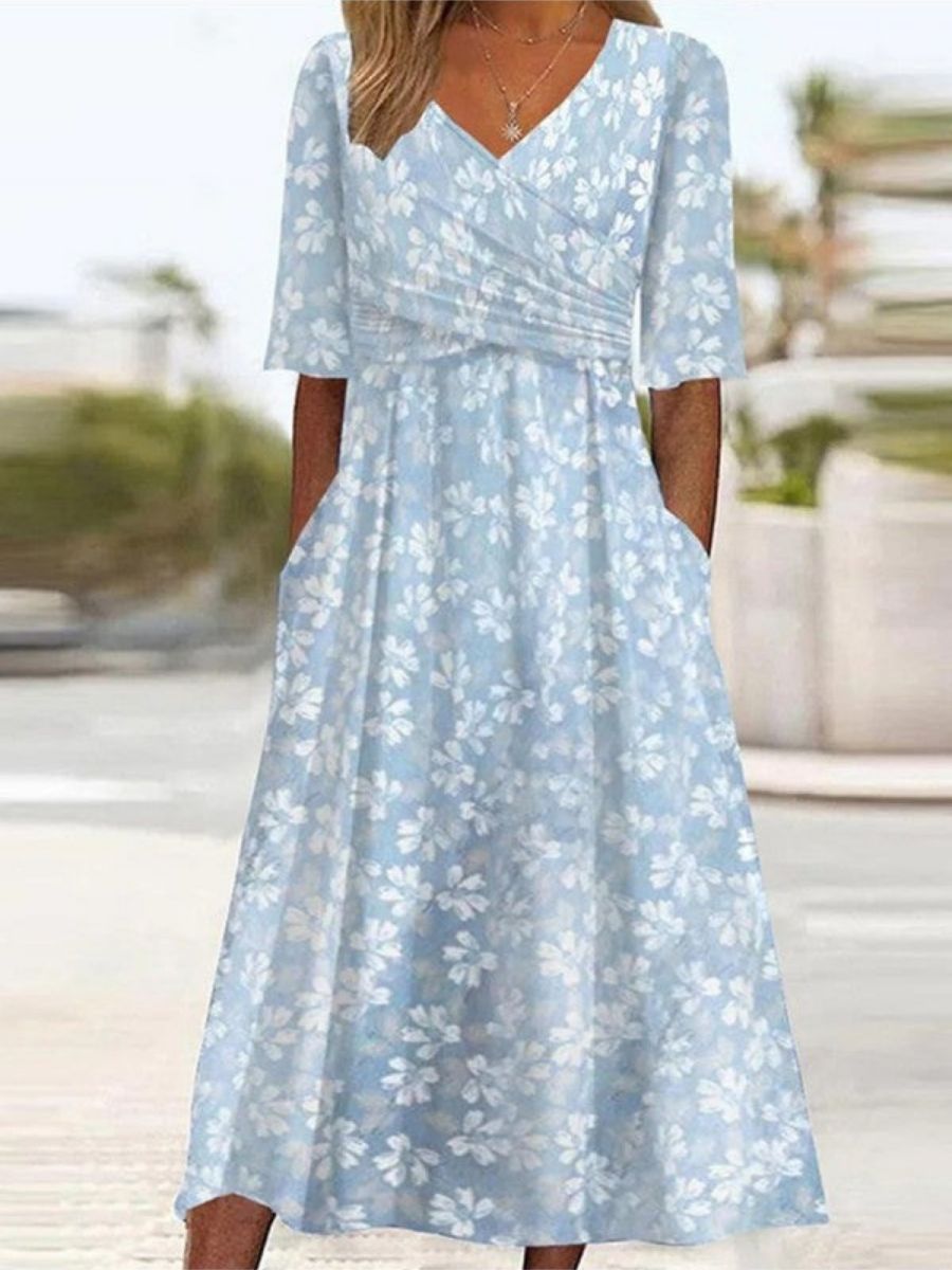 Women's Floral Print Midi Dress With V-Neck And Pockets-Jivoca