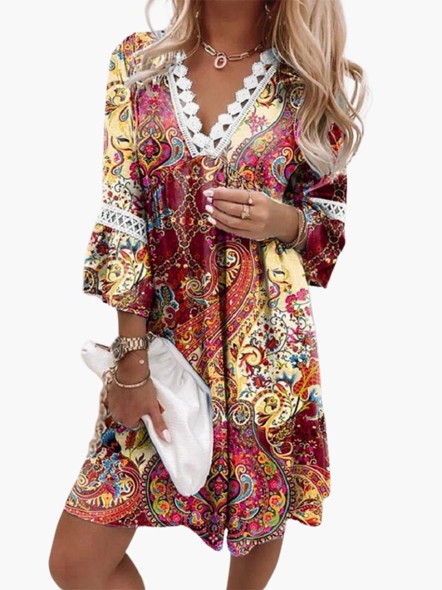 Women's Floral Print Mini Dress With Lace Trim-Jivoca
