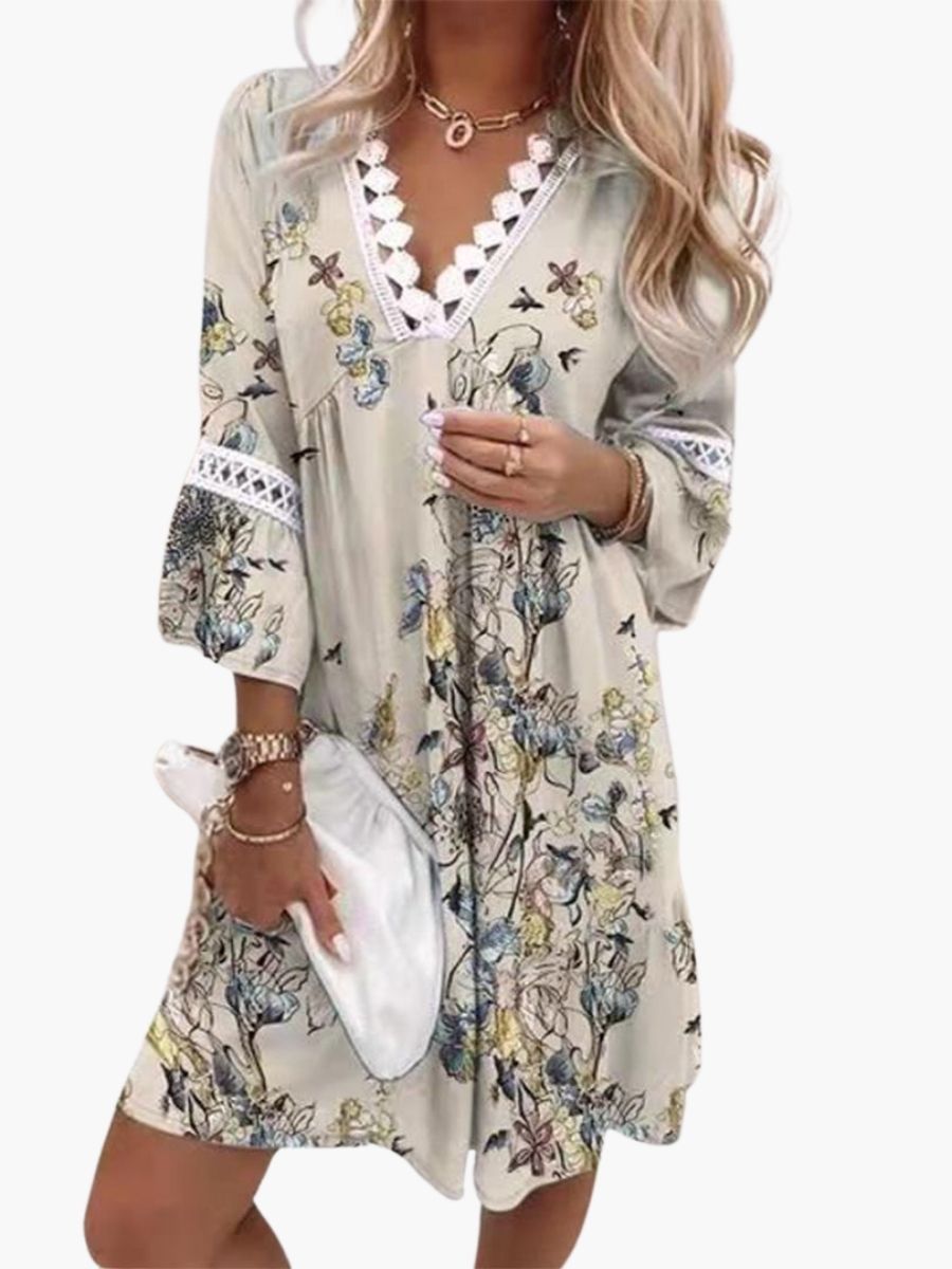 Women's Floral Print Mini Dress With Lace Trim-Jivoca