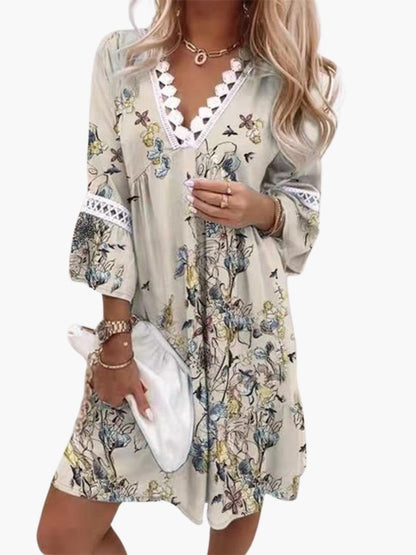 Women's Floral Print Mini Dress With Lace Trim-Jivoca