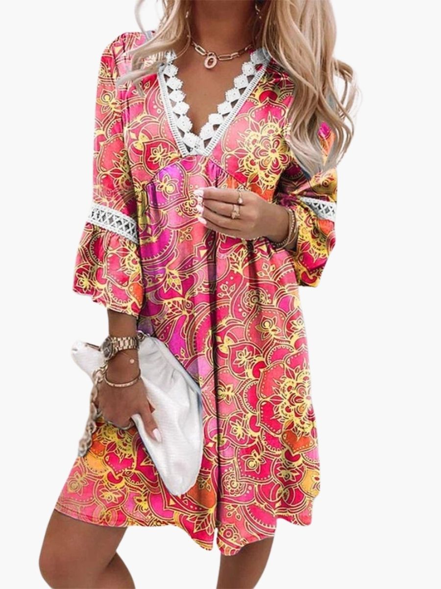 Women's Floral Print Mini Dress With Lace Trim-Jivoca
