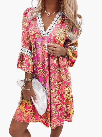 Women's Floral Print Mini Dress With Lace Trim-Jivoca