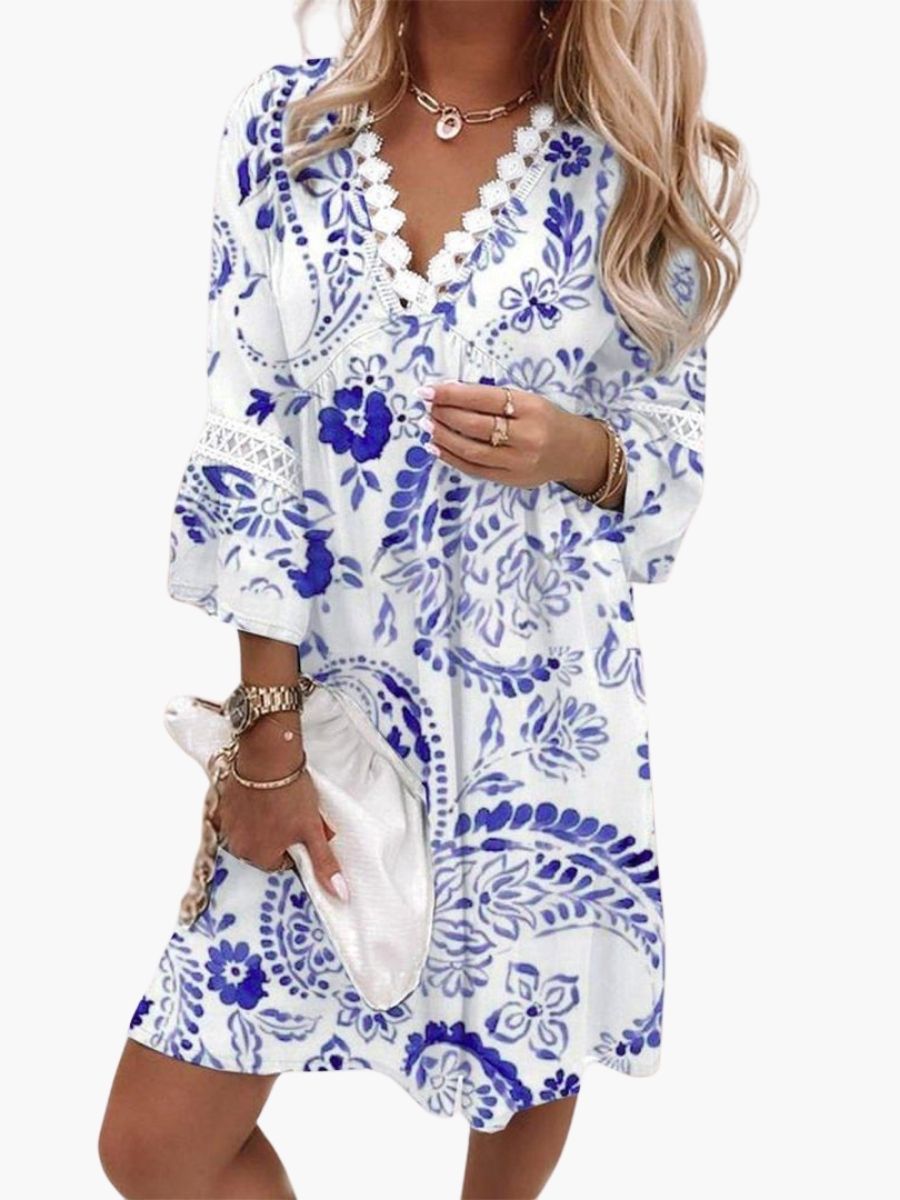 Women's Floral Print Mini Dress With Lace Trim-Jivoca