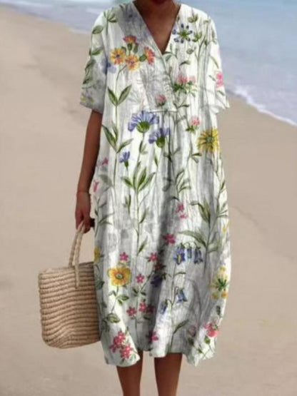 Women's Floral Print Short Sleeve Midi Dress-Jivoca