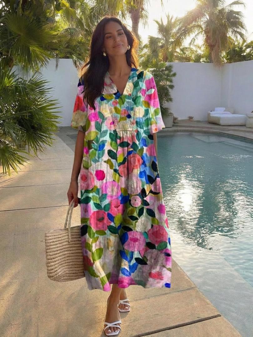 Women's Floral Print Short Sleeve Midi Dress-Jivoca