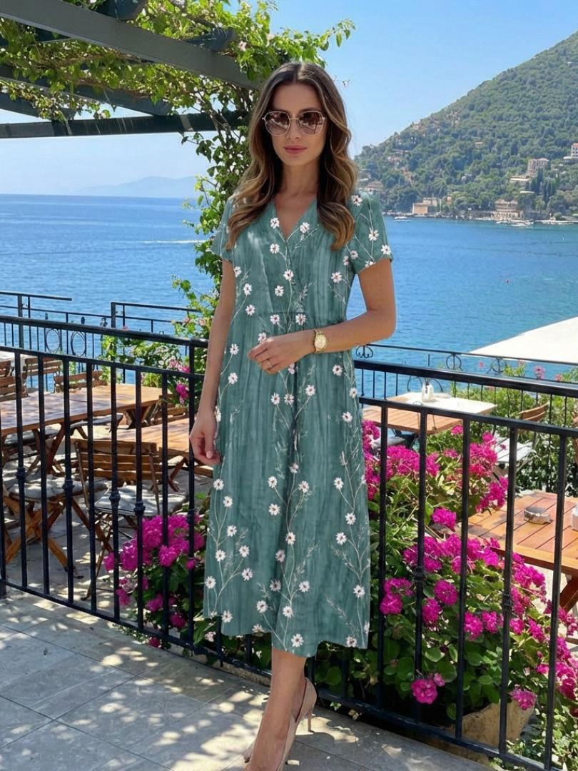 Women's Floral Print Short Sleeve Midi Dress-Jivoca