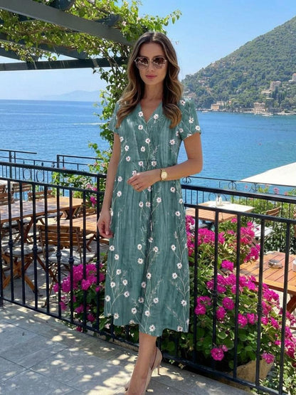 Women's Floral Print Short Sleeve Midi Dress-Jivoca