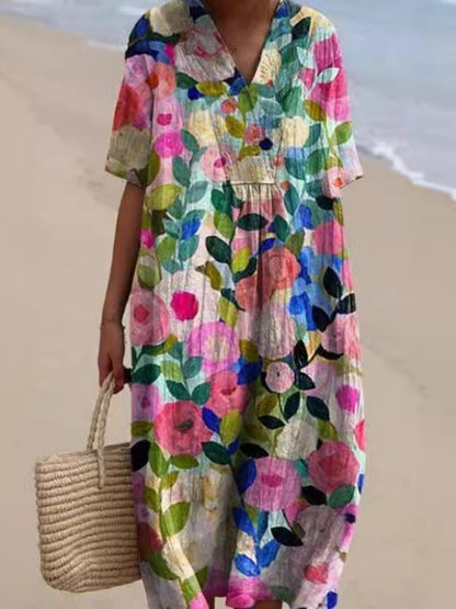Women's Floral Print Short Sleeve Midi Dress-Jivoca