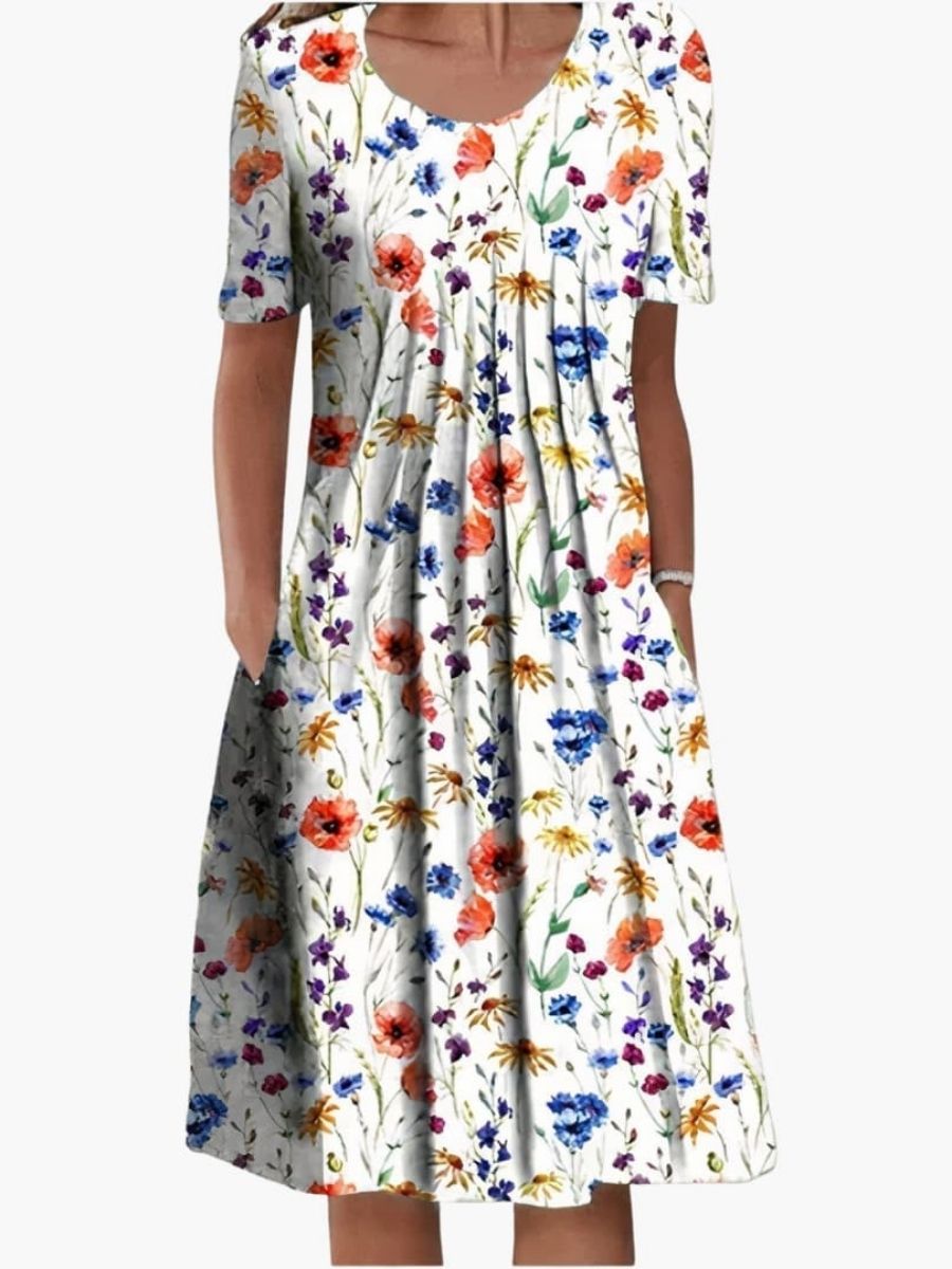 Women's Floral Print Summer Midi Dress With Ruffle Hem and Side Pockets-Jivoca