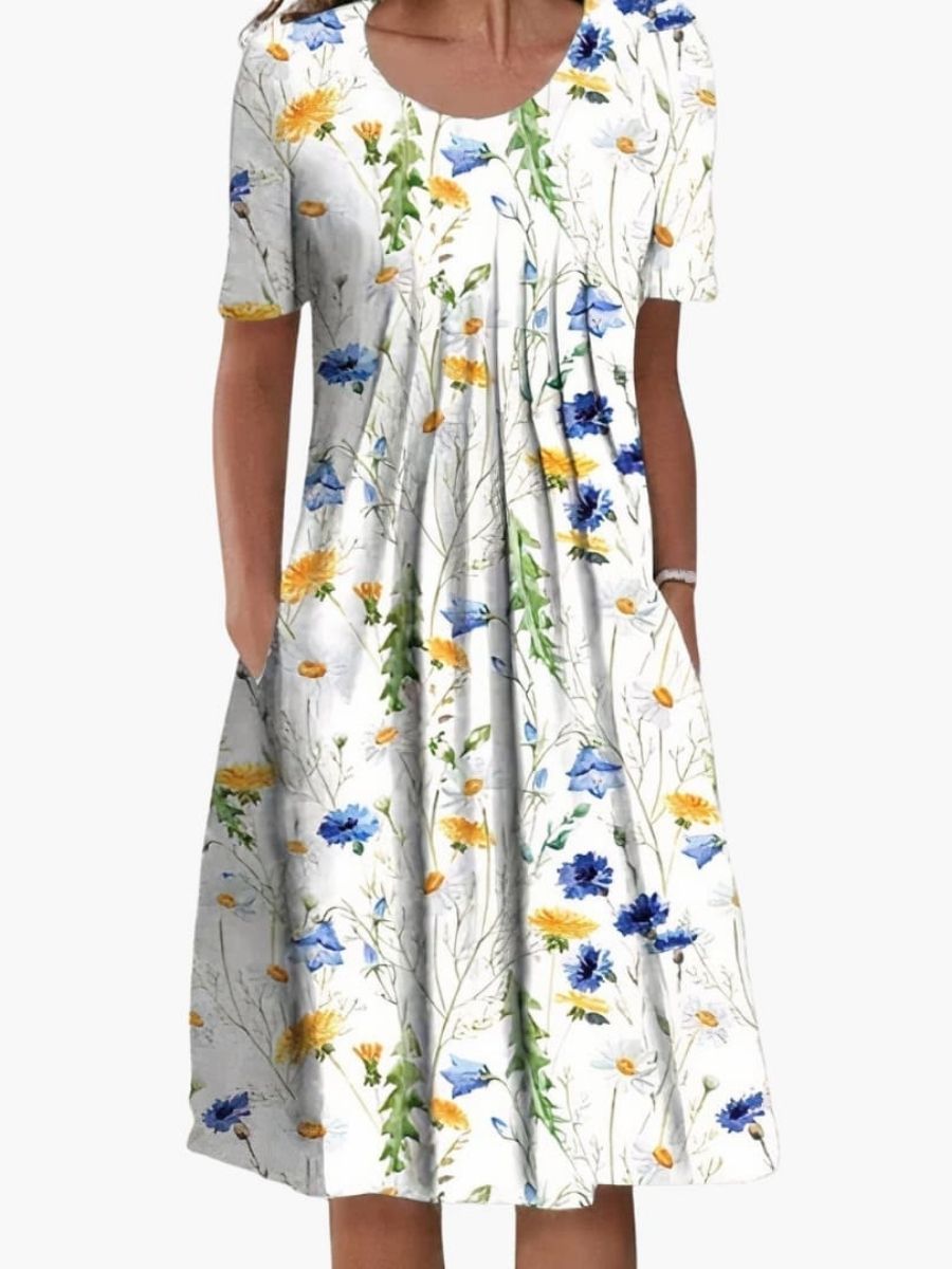 Women's Floral Print Summer Midi Dress With Ruffle Hem and Side Pockets-Jivoca