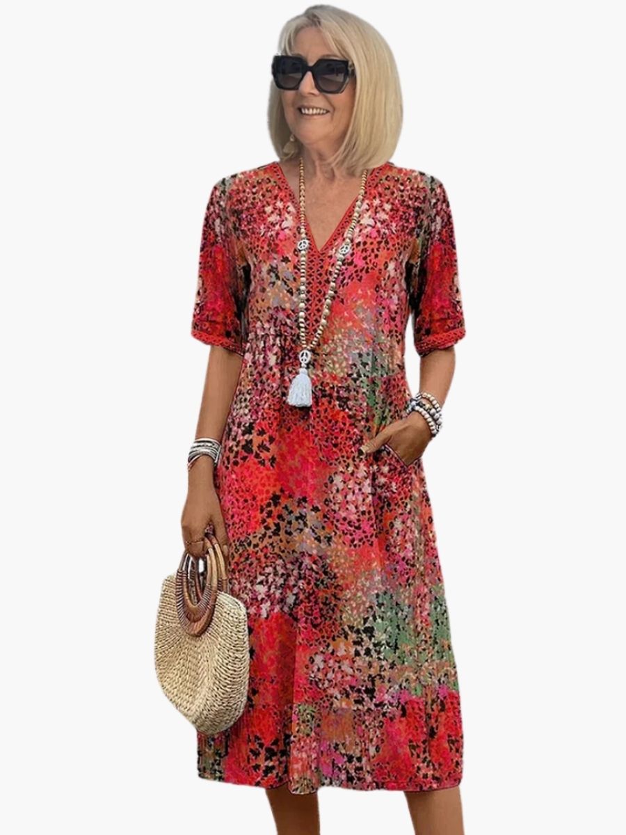 Women's Floral Print V-Neck Midi Dress-Jivoca