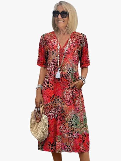Women's Floral Print V-Neck Midi Dress-Jivoca