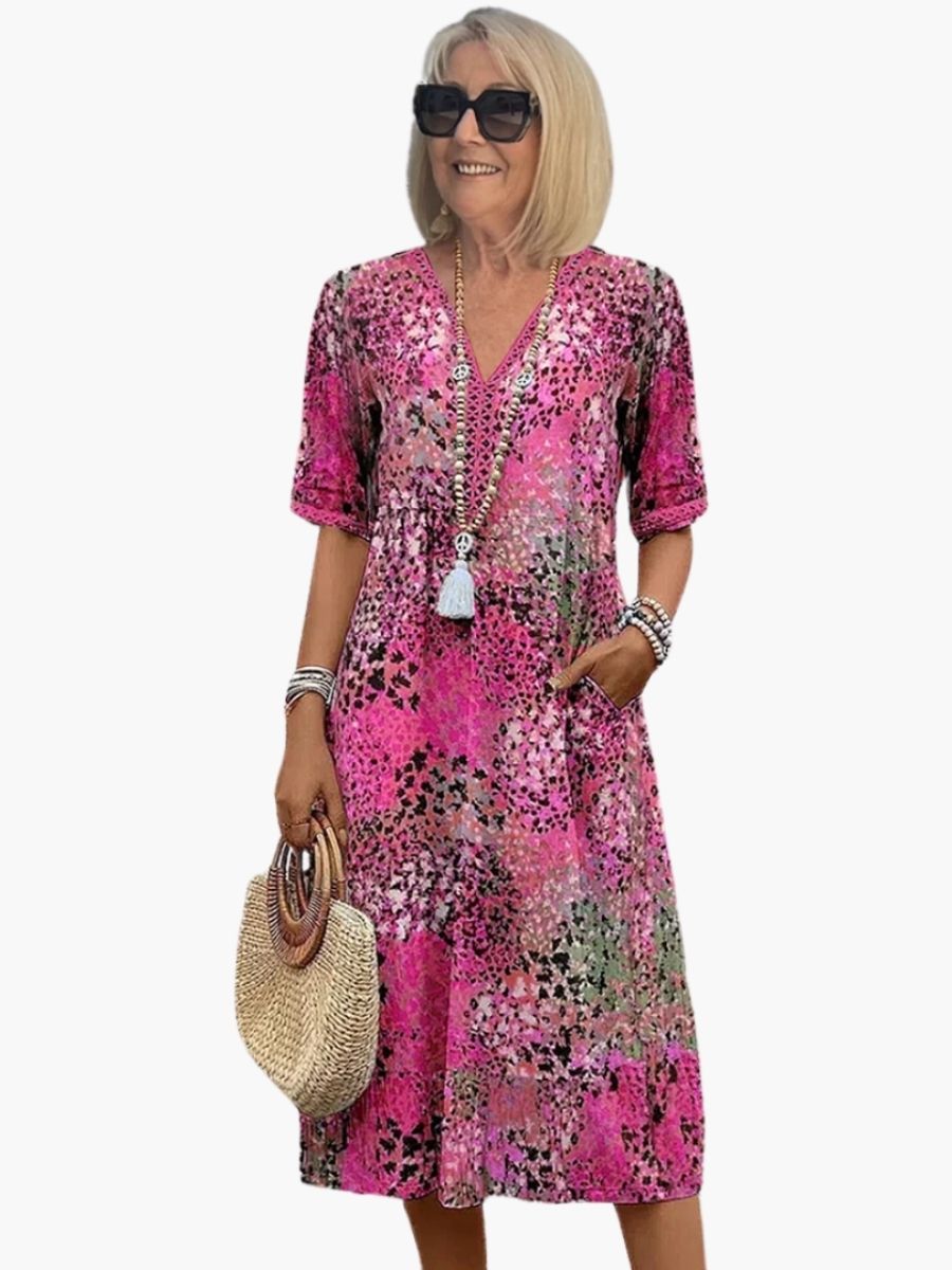 Women's Floral Print V-Neck Midi Dress-Jivoca
